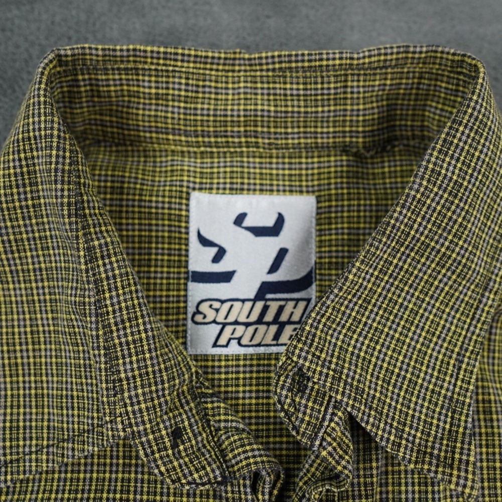 South Pole Shirt Mens Large Yellow Black Micro Plaid Short Sleeve Button Up Logo